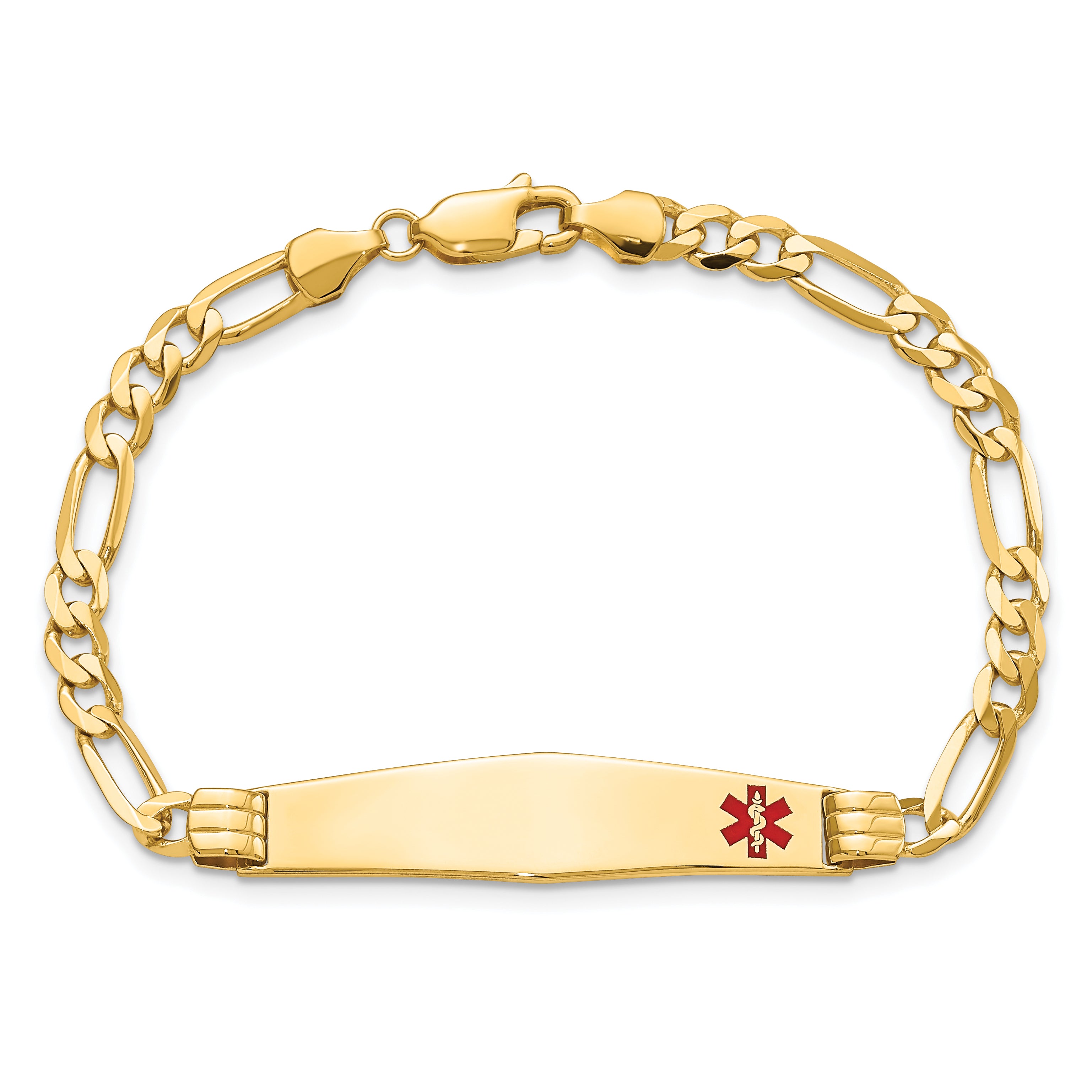 14K Medical Solid Chain/Solid Plate Soft Diamond Shape 36x9mm Off-Center Red Enamel Figaro Link 8 inch ID Bracelet