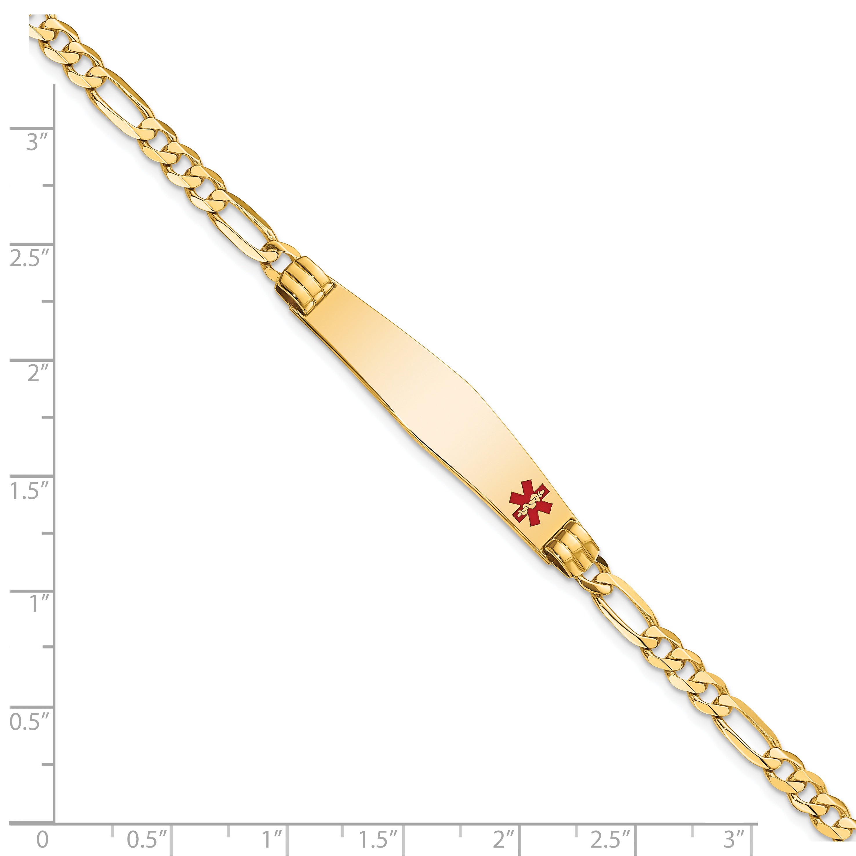 14K Medical Solid Chain/Solid Plate Soft Diamond Shape 36x9mm Off-Center Red Enamel Figaro Link 8 inch ID Bracelet