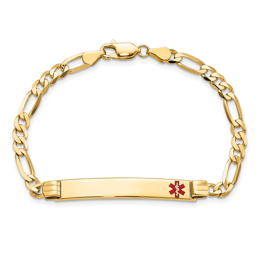 14K Medical Solid Chain/Solid Plate 37x6mm Off-Center Red Enamel Figaro Link 8 inch ID Bracelet