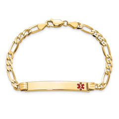 14K Medical Solid Chain/Solid Plate 37x6mm Off-Center Red Enamel Figaro Link7 inch ID Bracelet