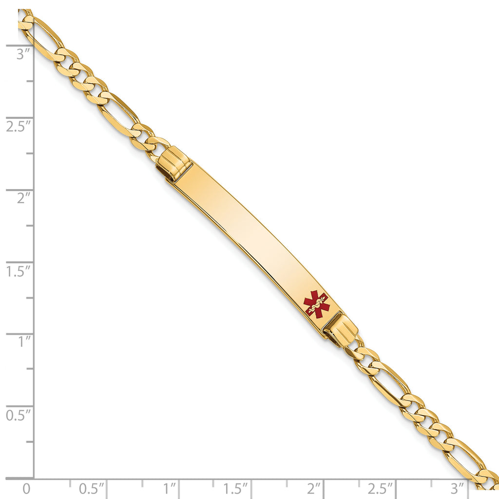 14K Medical Solid Chain/Solid Plate 37x6mm Off-Center Red Enamel Figaro Link7 inch ID Bracelet