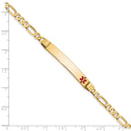 14K Medical Solid Chain/Solid Plate 37x6mm Off-Center Red Enamel Figaro Link7 inch ID Bracelet