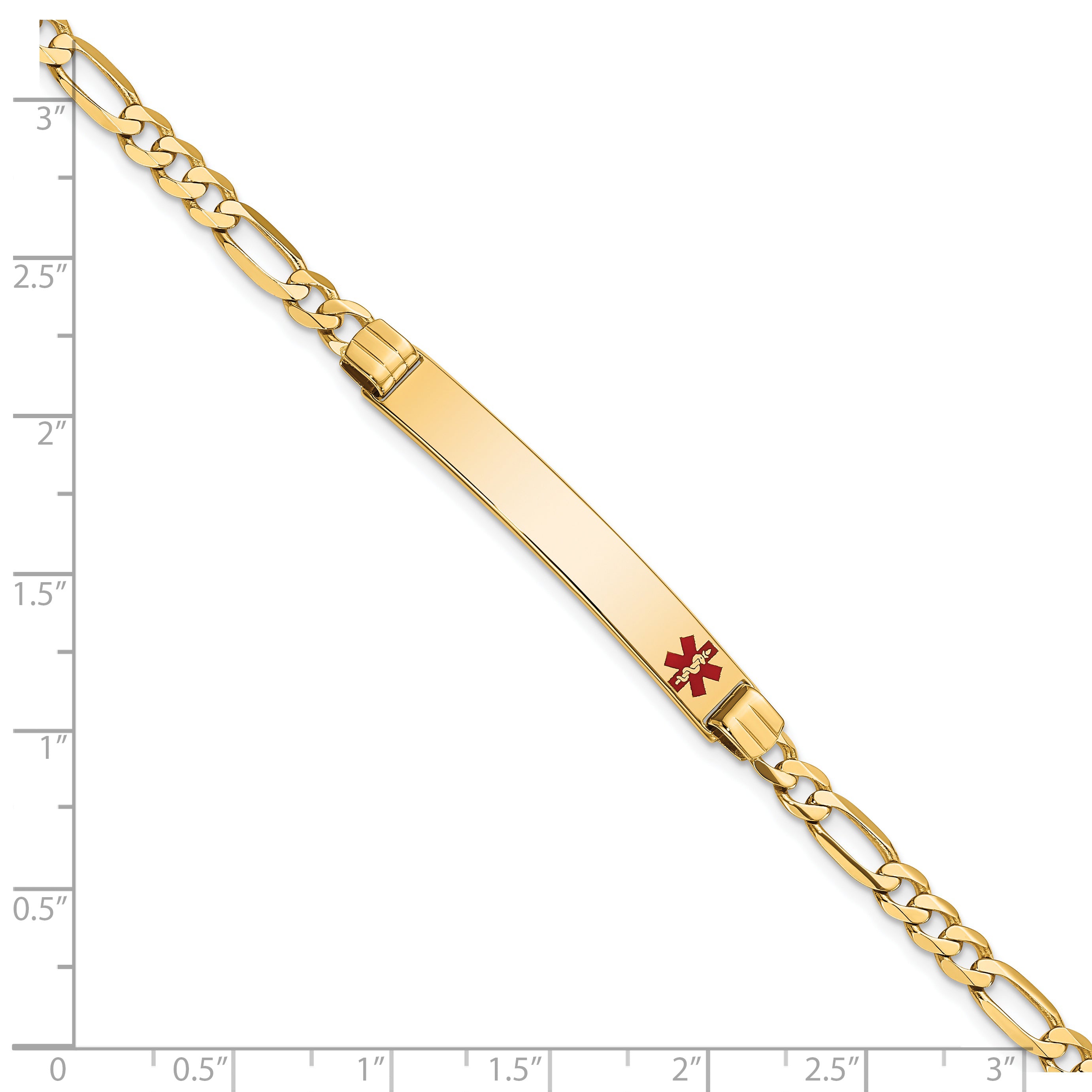 14K Medical Solid Chain/Solid Plate 37x6mm Off-Center Red Enamel Figaro Link 8 inch ID Bracelet