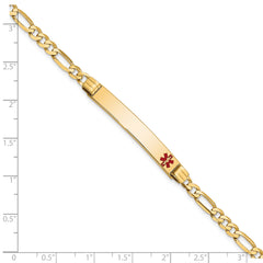 14K Medical Solid Chain/Solid Plate 37x6mm Off-Center Red Enamel Figaro Link7 inch ID Bracelet