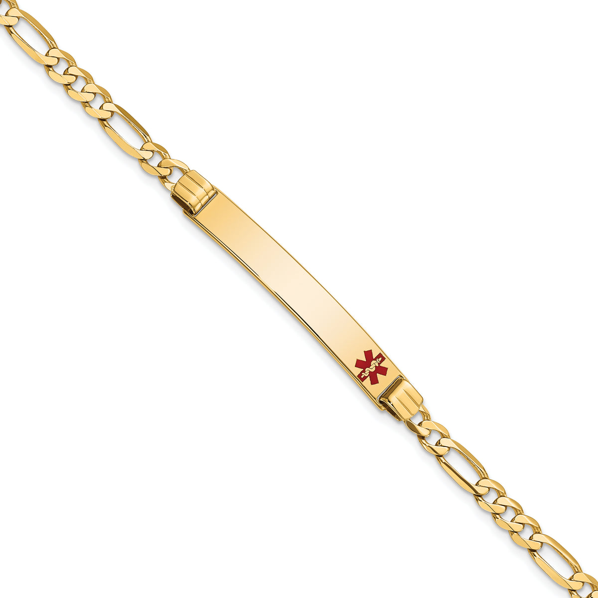 14K Medical Solid Chain/Solid Plate 37x6mm Off-Center Red Enamel Figaro Link7 inch ID Bracelet