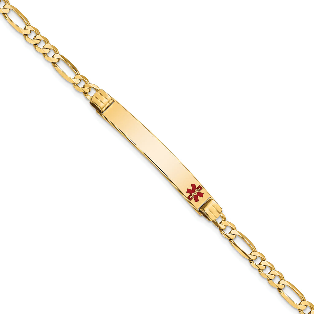 14K Medical Solid Chain/Solid Plate 37x6mm Off-Center Red Enamel Figaro Link 8 inch ID Bracelet