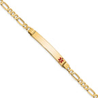 14K Medical Solid Chain/Solid Plate 37x6mm Off-Center Red Enamel Figaro Link 8 inch ID Bracelet