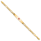 14K Medical Solid Chain/Solid Plate Soft Diamond Shape 36x9mm Centered Red Enamel Flat Figaro Link 7 inch ID Bracelet