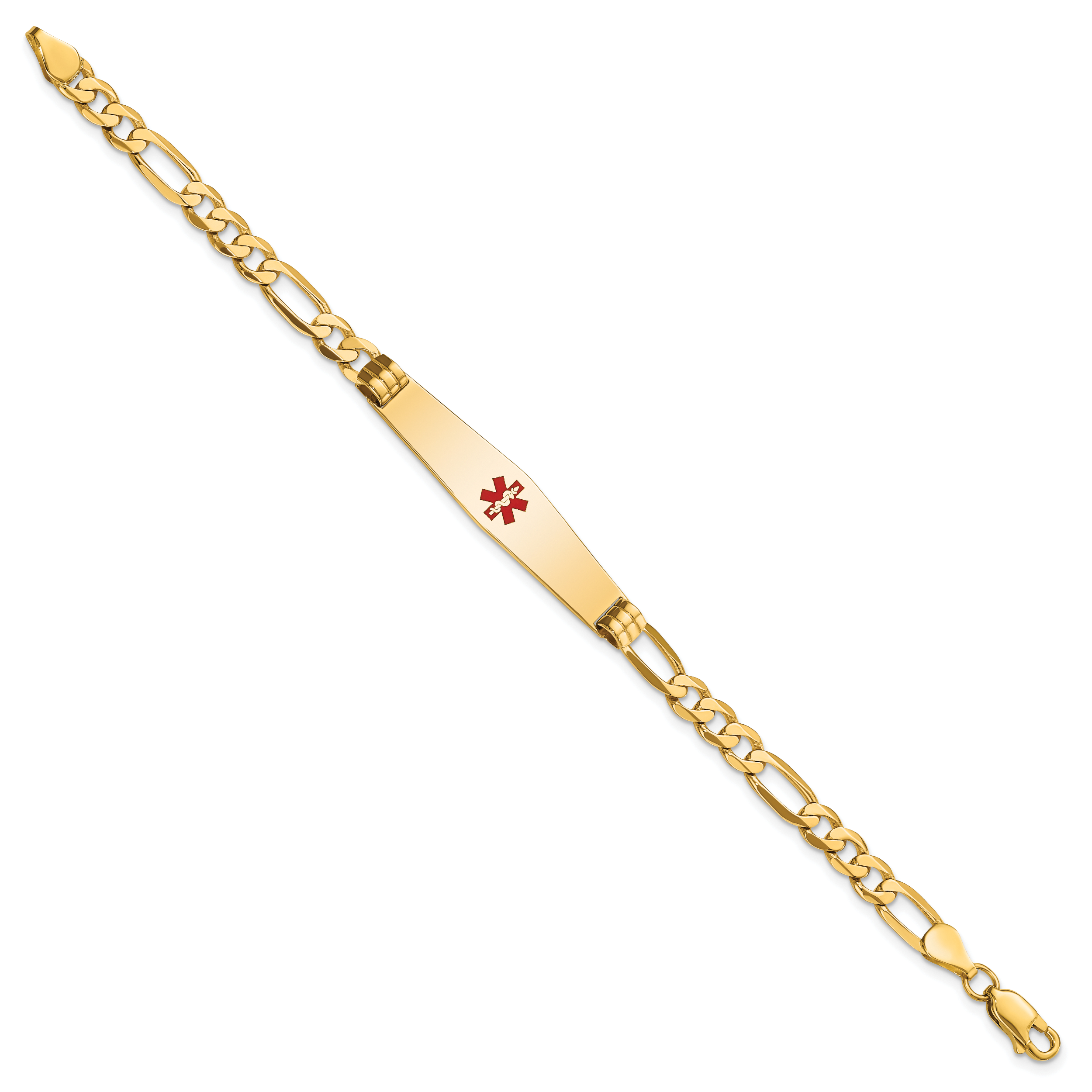 14K Medical Solid Chain/Solid Plate Soft Diamond Shape 36x9mm Centered Red Enamel Flat Figaro Link 8 inch ID Bracelet