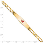14K Medical Solid Chain/Solid Plate Soft Diamond Shape 36x9mm Centered Red Enamel Flat Figaro Link 7 inch ID Bracelet