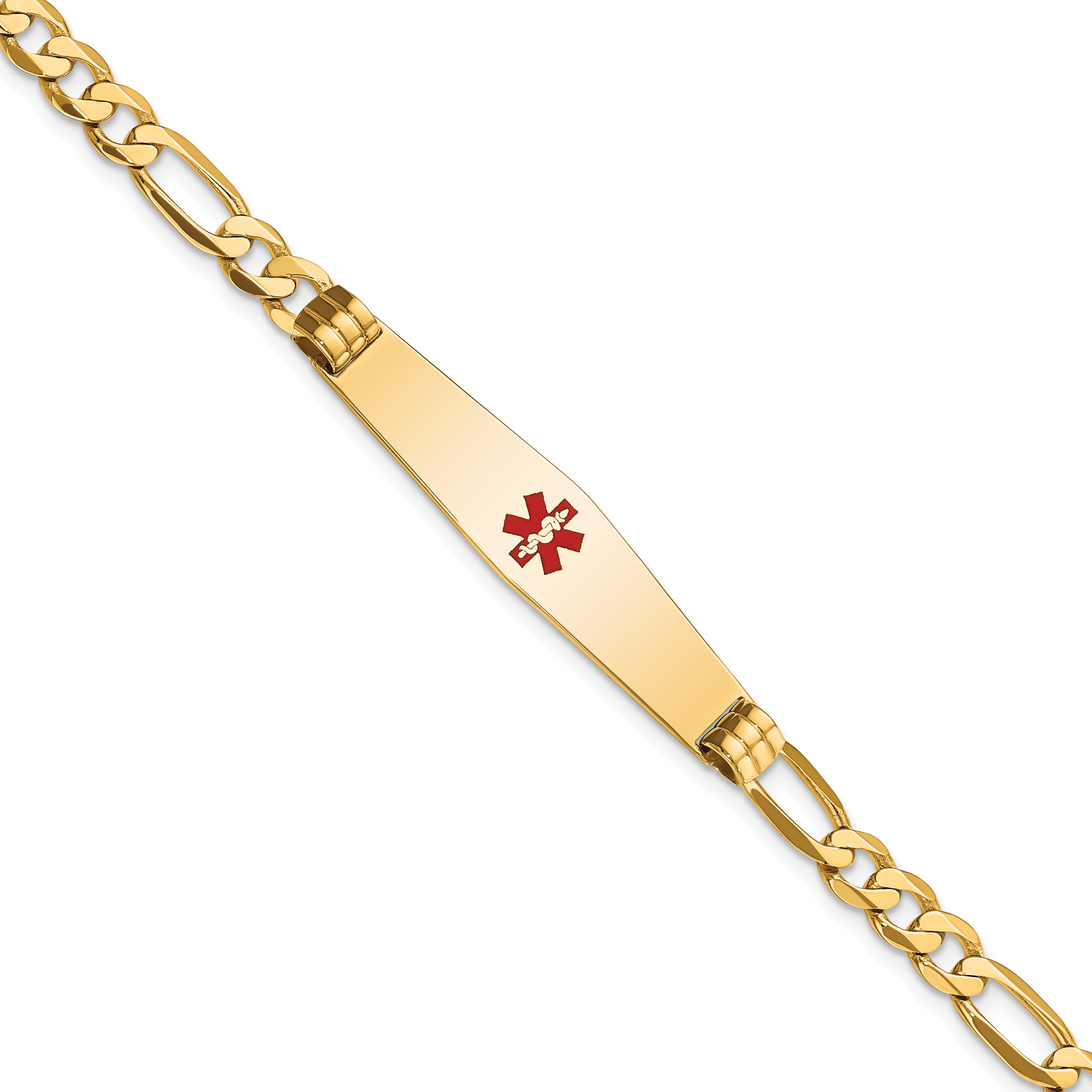 14K Medical Solid Chain/Solid Plate Soft Diamond Shape 36x9mm Centered Red Enamel Flat Figaro Link 7 inch ID Bracelet