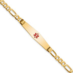 14K Medical Solid Chain/Solid Plate Soft Diamond Shape 36x9mm Centered Red Enamel Flat Figaro Link 8 inch ID Bracelet