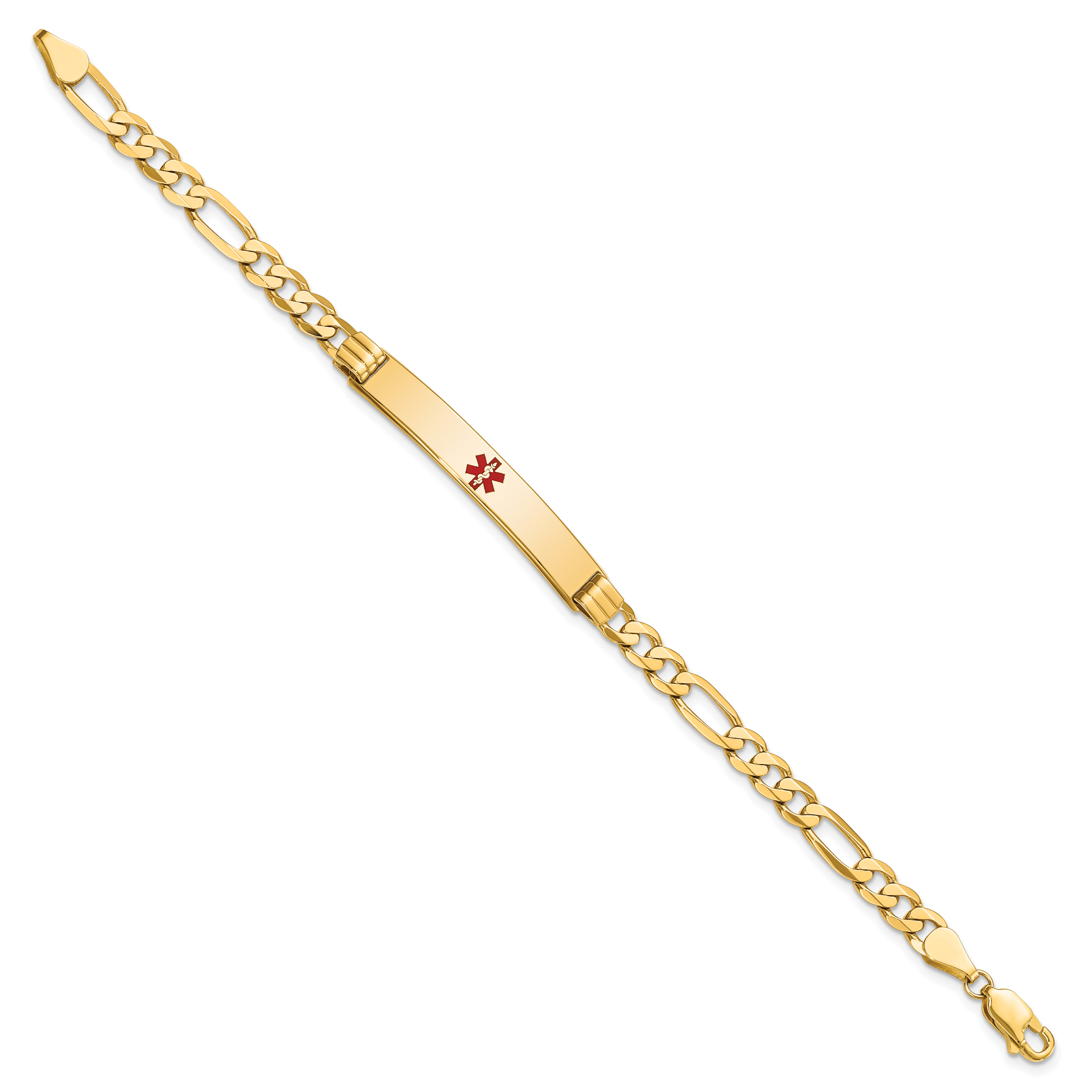 14K Medical Solid Chain/Solid Plate 37x6mm Centered Red Enamel Flat Figaro Link 7 inch ID Bracelet