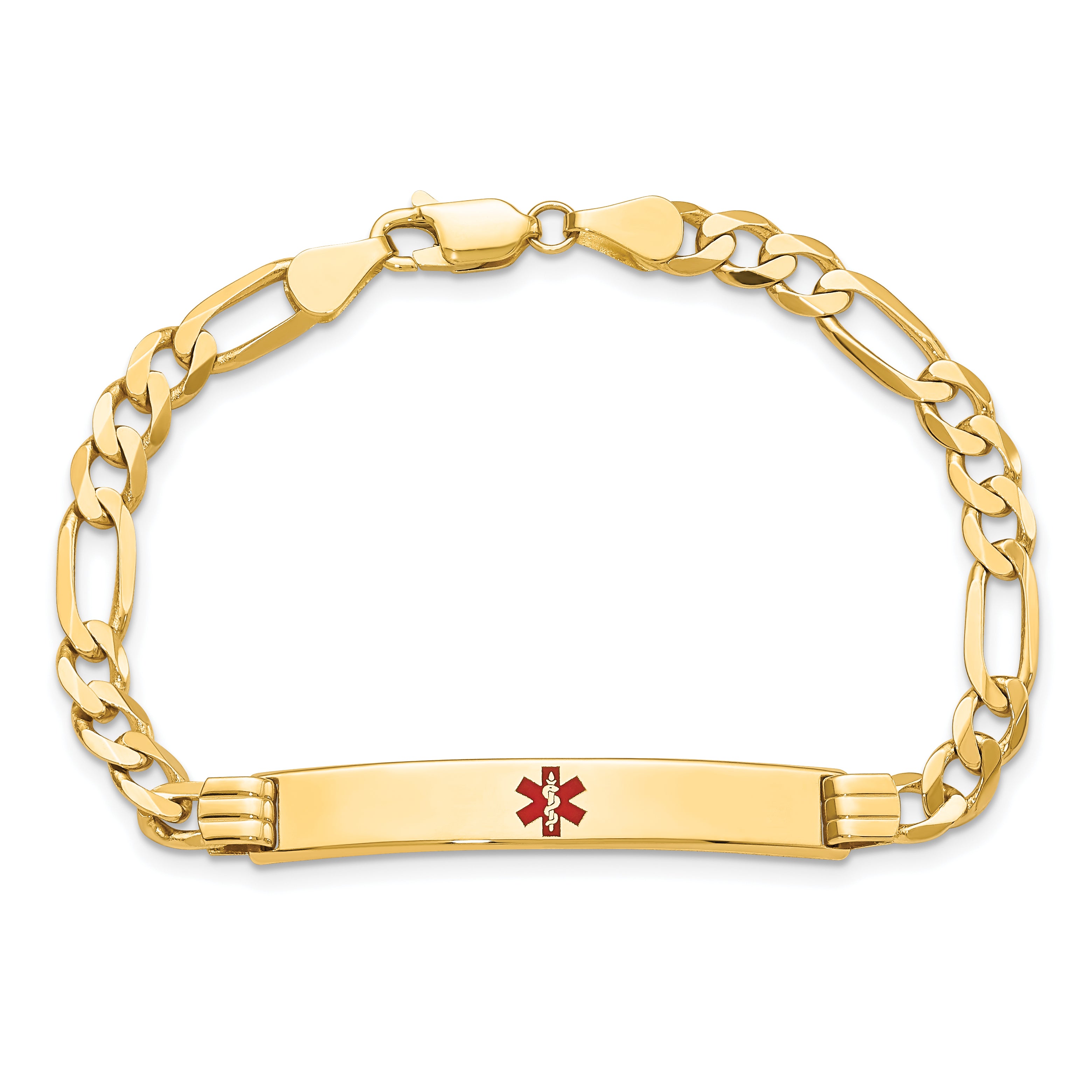 14K Medical Solid Chain/Solid Plate 37x6mm Centered Red Enamel Flat Figaro Link 7 inch ID Bracelet