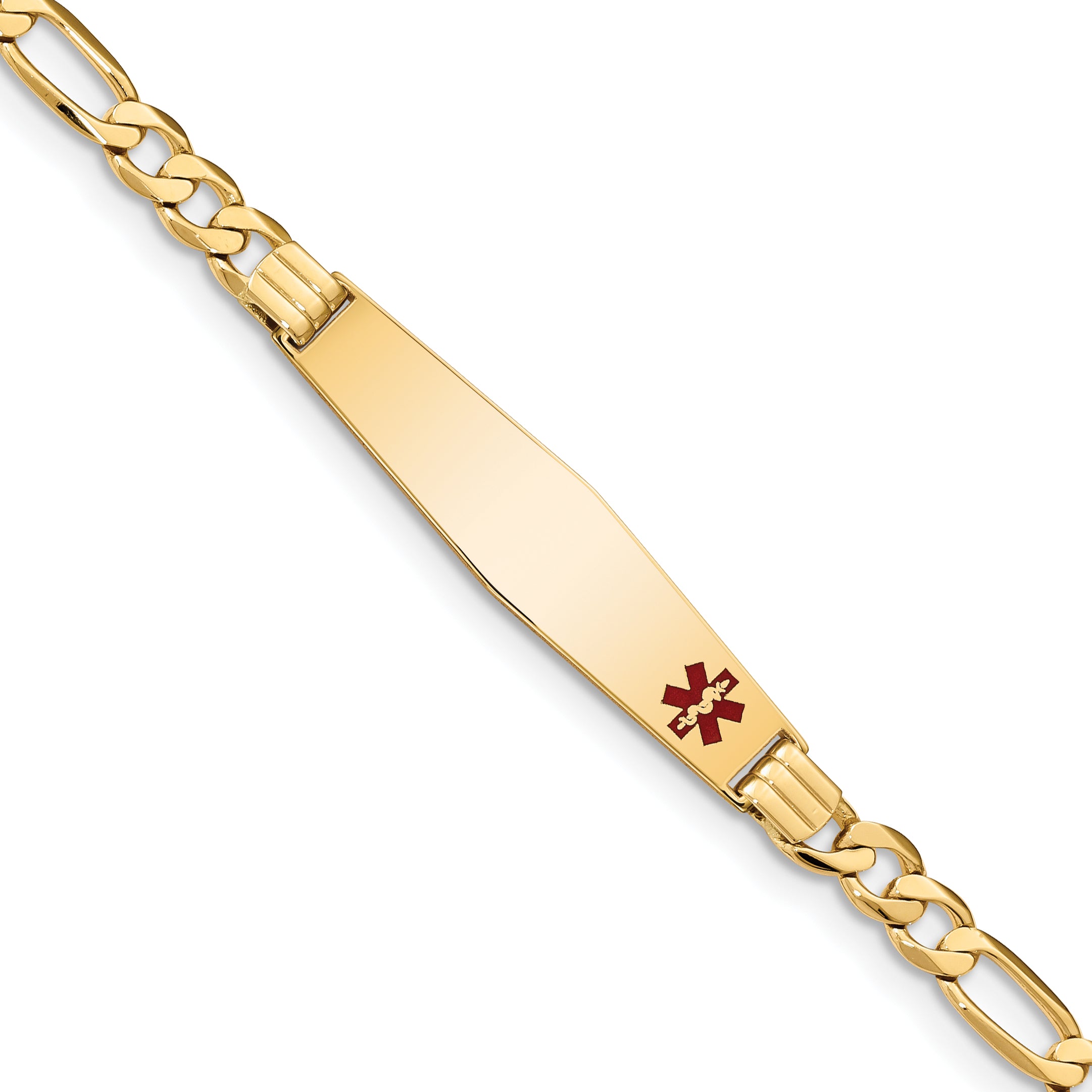 14K Medical Solid Chain/Solid Plate Soft Diamond Shape 36x9mm Off-Center Red Enamel Flat Figaro Link 8 inch ID Bracelet Main image