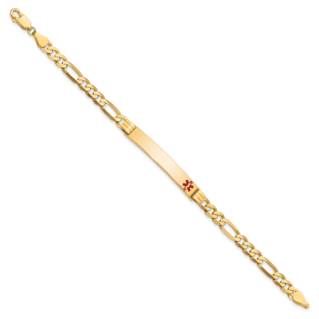 14K Medical Solid Chain/Solid Plate 37x6mm Off-Center Red Enamel Flat Figaro 7 inch Link ID Bracelet