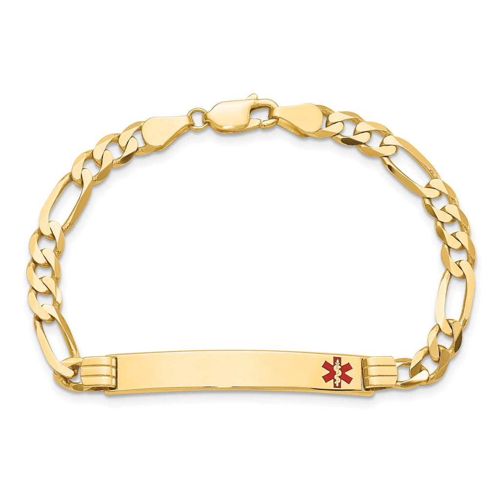14K Medical Solid Chain/Solid Plate 37x6mm Off-Center Red Enamel Flat Figaro 8 inch Link ID Bracelet