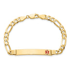 14K Medical Solid Chain/Solid Plate 37x6mm Off-Center Red Enamel Flat Figaro 8 inch Link ID Bracelet