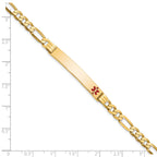 14K Medical Solid Chain/Solid Plate 37x6mm Off-Center Red Enamel Flat Figaro 8 inch Link ID Bracelet