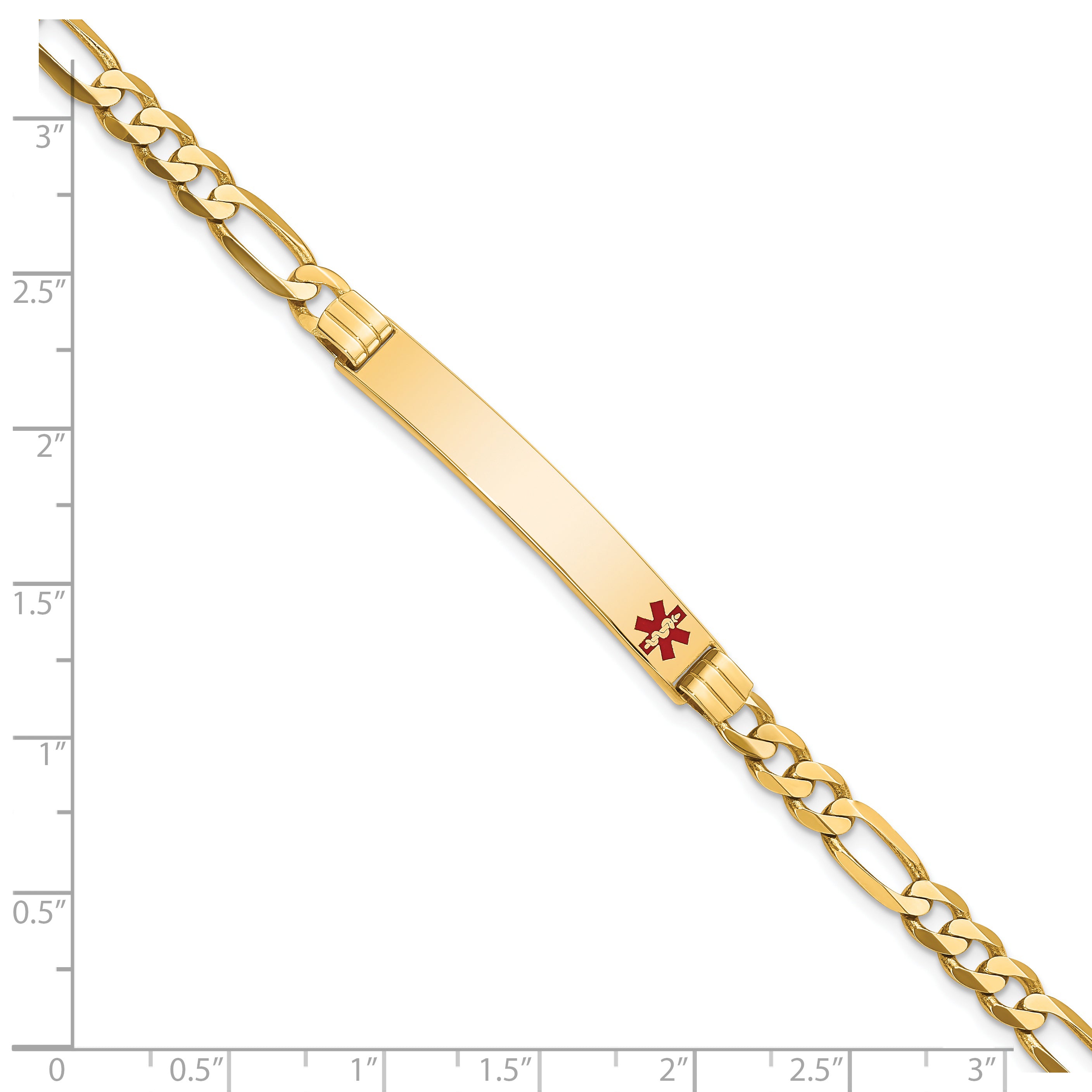 14K Medical Solid Chain/Solid Plate 37x6mm Off-Center Red Enamel Flat Figaro 8 inch Link ID Bracelet