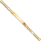 14K Medical Solid Chain/Solid Plate 37x6mm Off-Center Red Enamel Flat Figaro 8 inch Link ID Bracelet