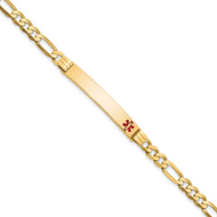 14K Medical Solid Chain/Solid Plate 37x6mm Off-Center Red Enamel Flat Figaro 7 inch Link ID Bracelet