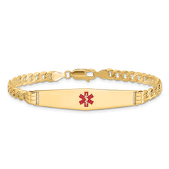 14K Medical Solid Chain/Solid Plate Soft Diamond Shape 36x9mm Centered Red Enamel Curb Link 7 inch ID Bracelet
