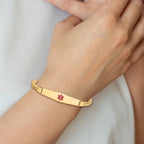14K Medical Solid Chain/Solid Plate Soft Diamond Shape 36x9mm Centered Red Enamel Curb Link 8 inch ID Bracelet
