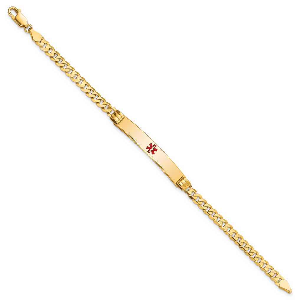 14K Medical Solid Chain/Solid Plate 37x6mm Centered Red Enamel Curb Link 8 inch ID Bracelet