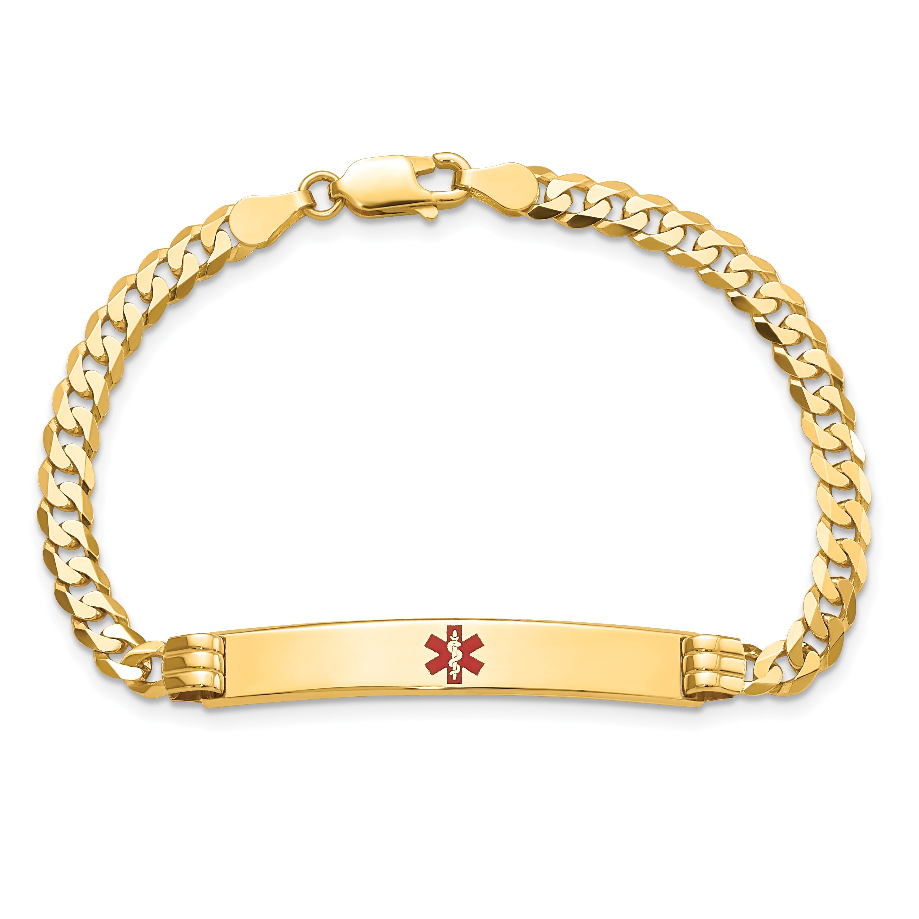 14K Medical Solid Chain/Solid Plate 37x6mm Centered Red Enamel Curb Link 7 inch ID Bracelet