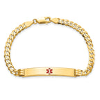 14K Medical Solid Chain/Solid Plate 37x6mm Centered Red Enamel Curb Link 8 inch ID Bracelet
