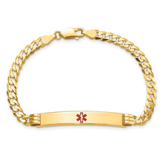 14K Medical Solid Chain/Solid Plate 37x6mm Centered Red Enamel Curb Link 7 inch ID Bracelet
