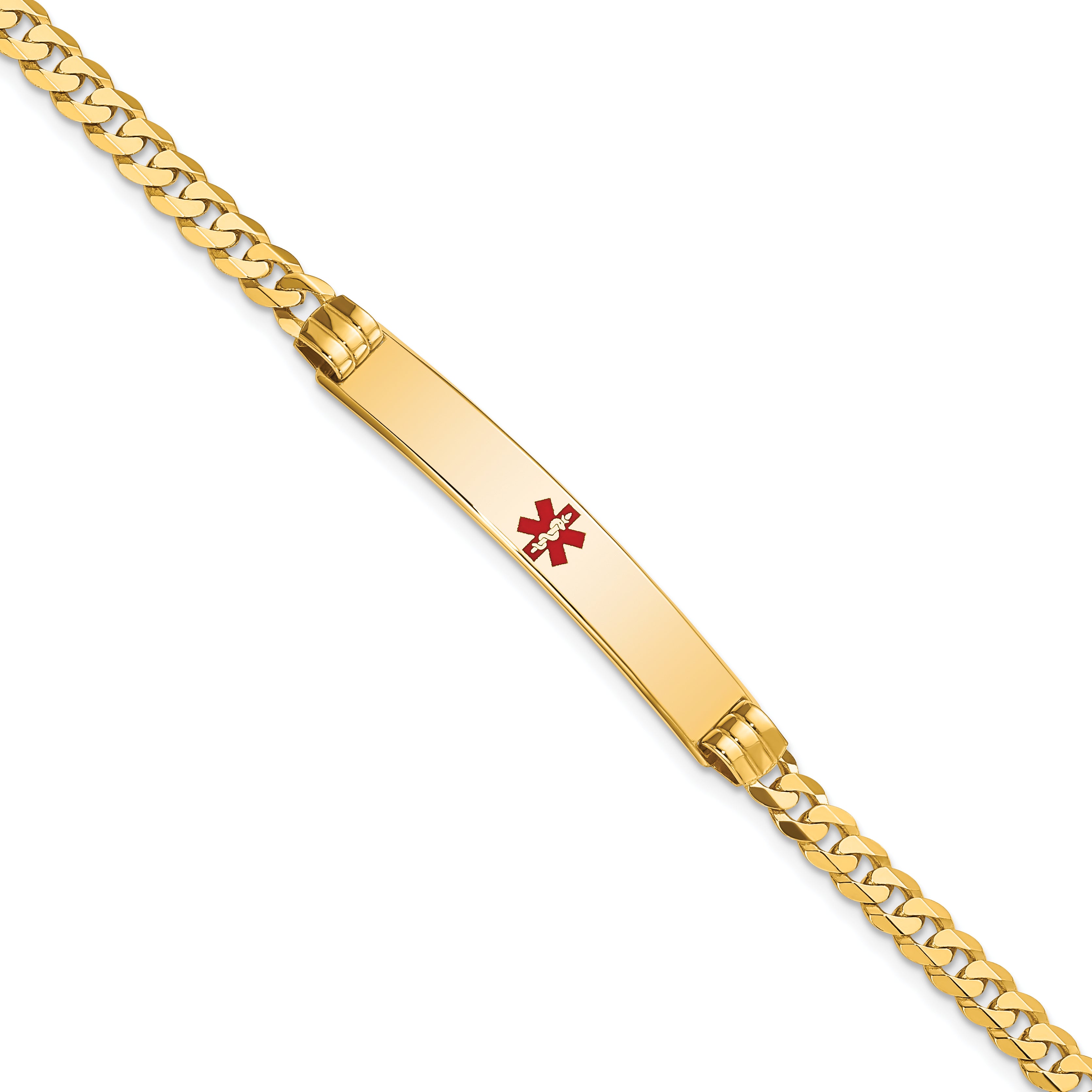 14K Medical Solid Chain/Solid Plate 37x6mm Centered Red Enamel Curb Link 8 inch ID Bracelet