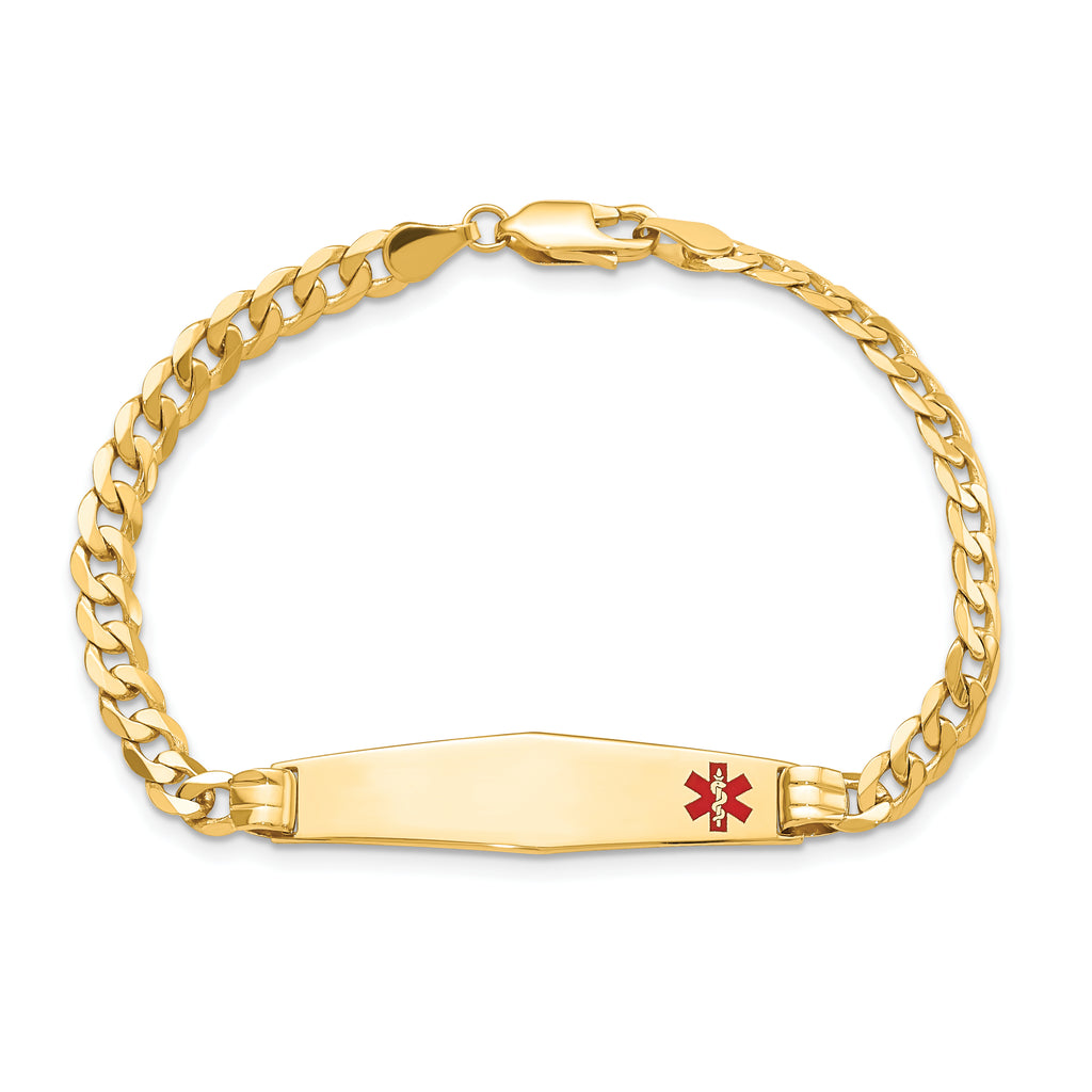 14K Medical Solid Chain/Solid Plate Soft Diamond Shape 36x9mm Off-Center Red Enamel Curb Link 7 inch ID Bracelet