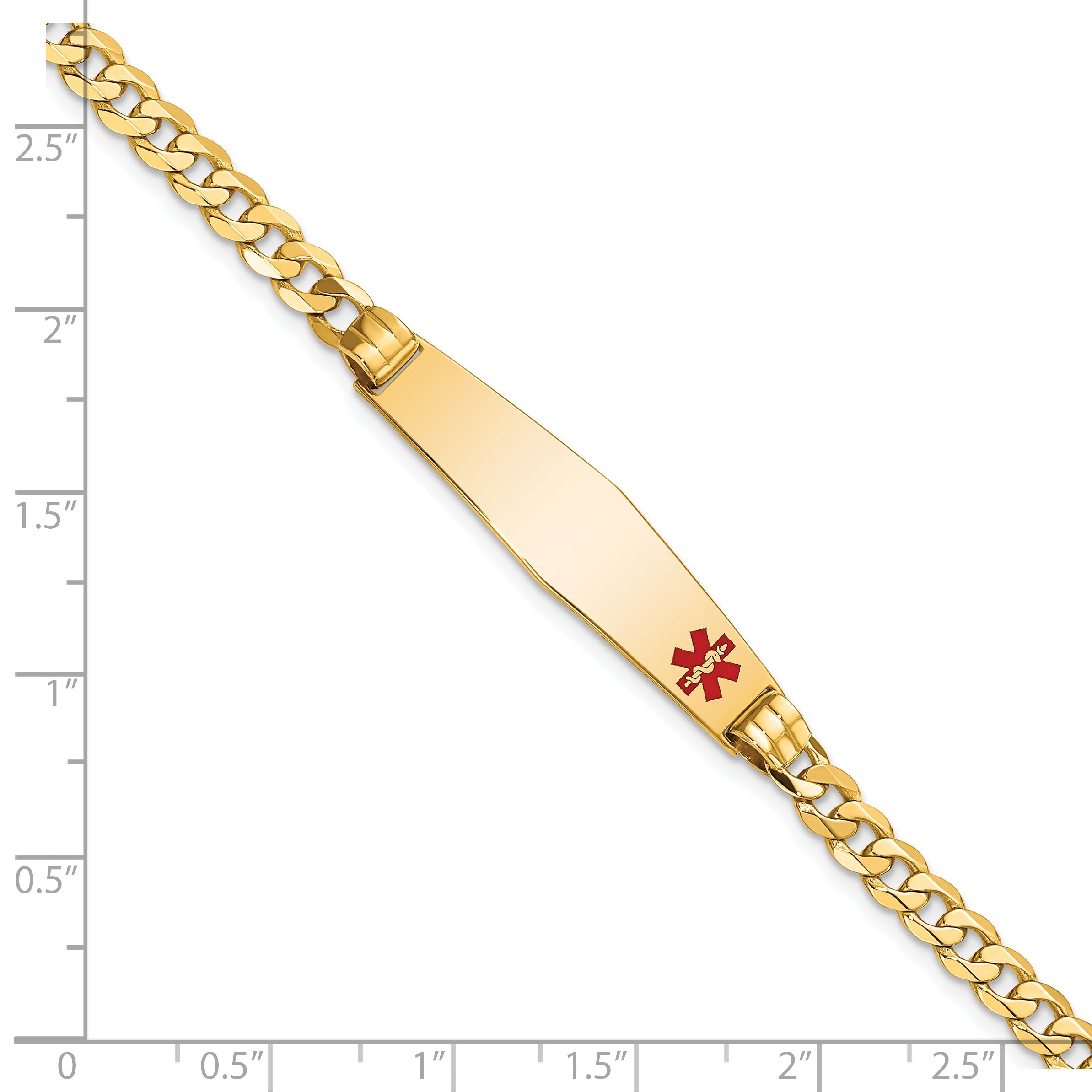 14K Medical Solid Chain/Solid Plate Soft Diamond Shape 36x9mm Off-Center Red Enamel Curb Link 7 inch ID Bracelet