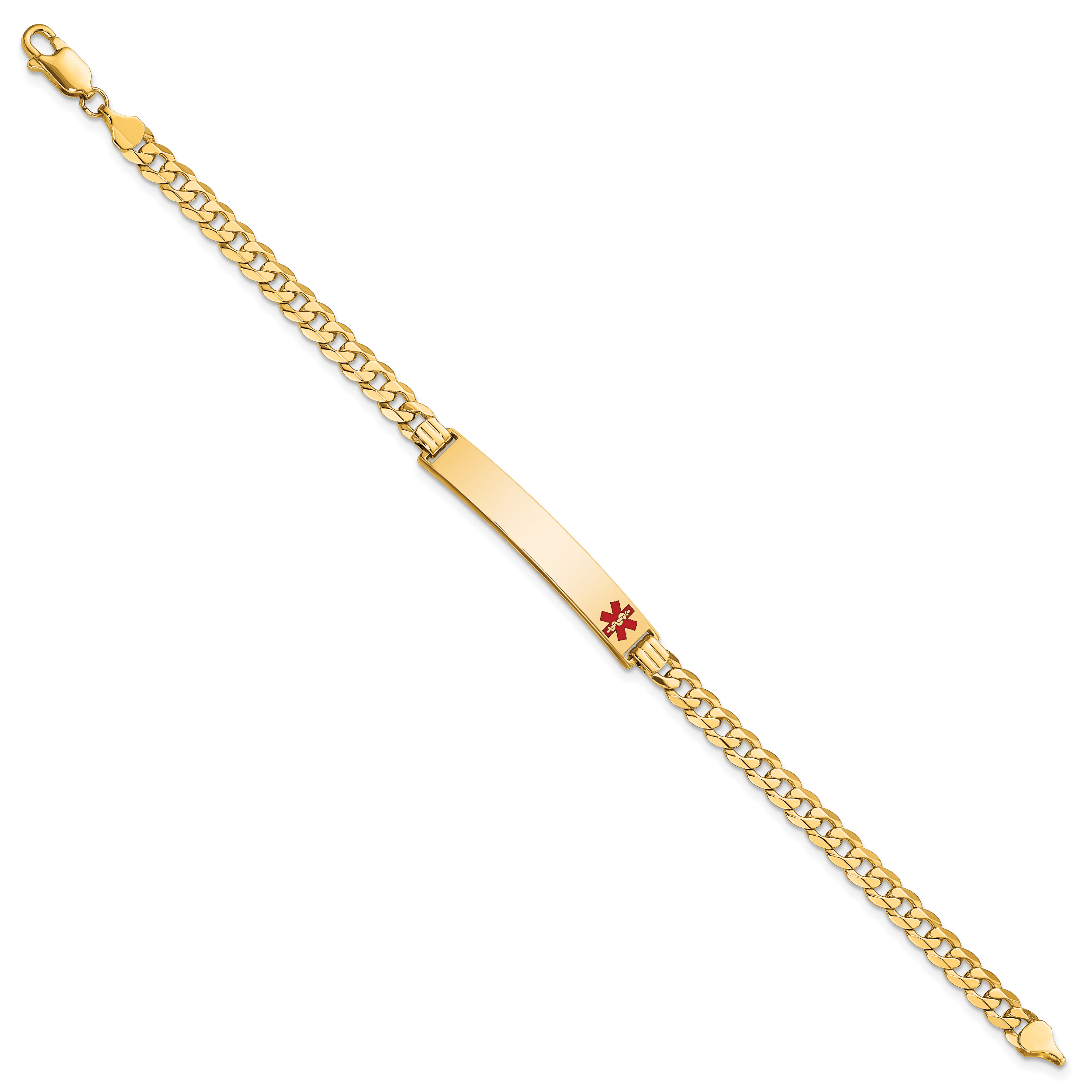 14K Medical Solid Chain/Solid Plate 37x6mm Off-Center Red Enamel Curb Link 7 inch ID Bracelet