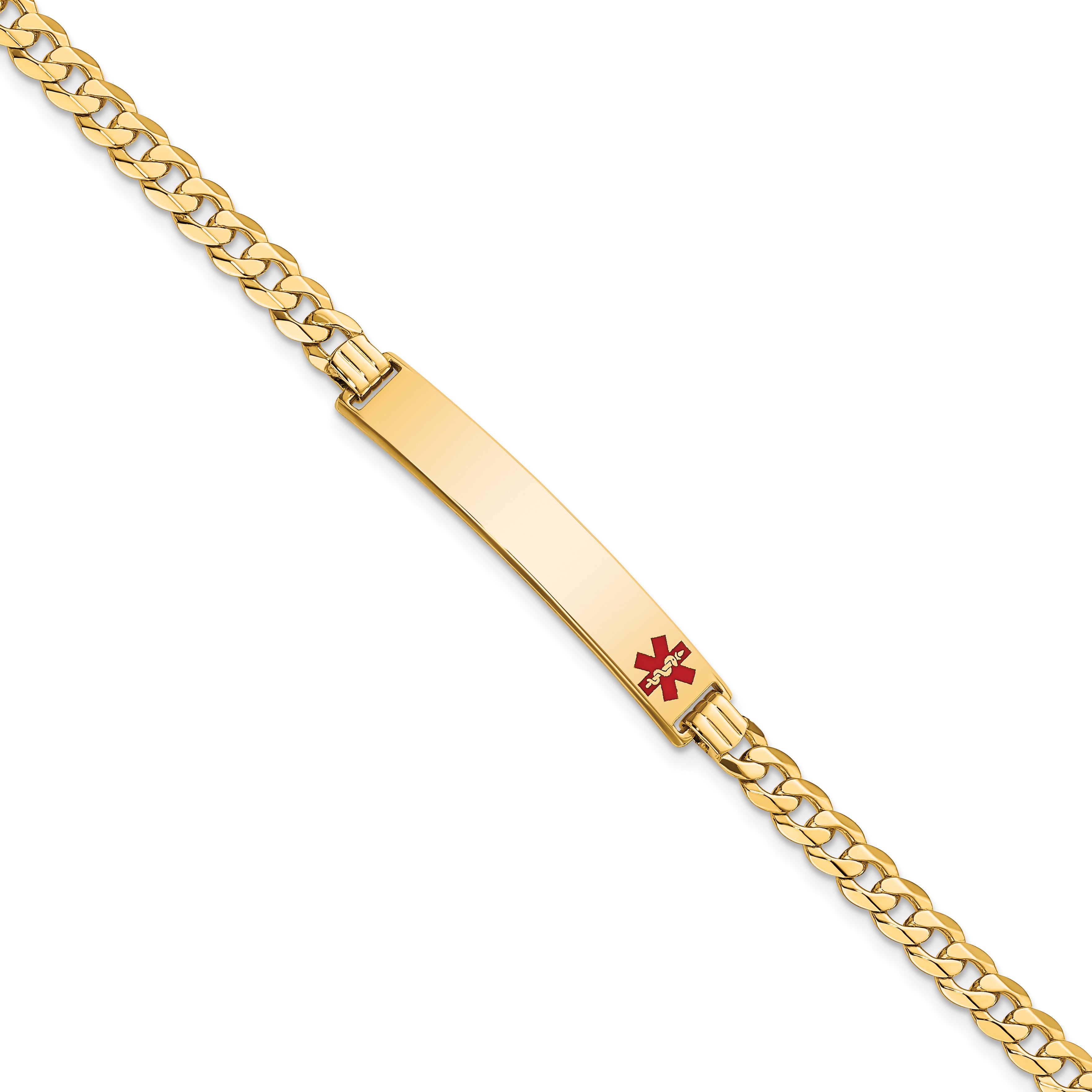 14K Medical Solid Chain/Solid Plate 37x6mm Off-Center Red Enamel Curb Link 7 inch ID Bracelet