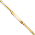 14K Medical Solid Chain/Solid Plate 37x6mm Off-Center Red Enamel Curb Link 8 inch ID Bracelet