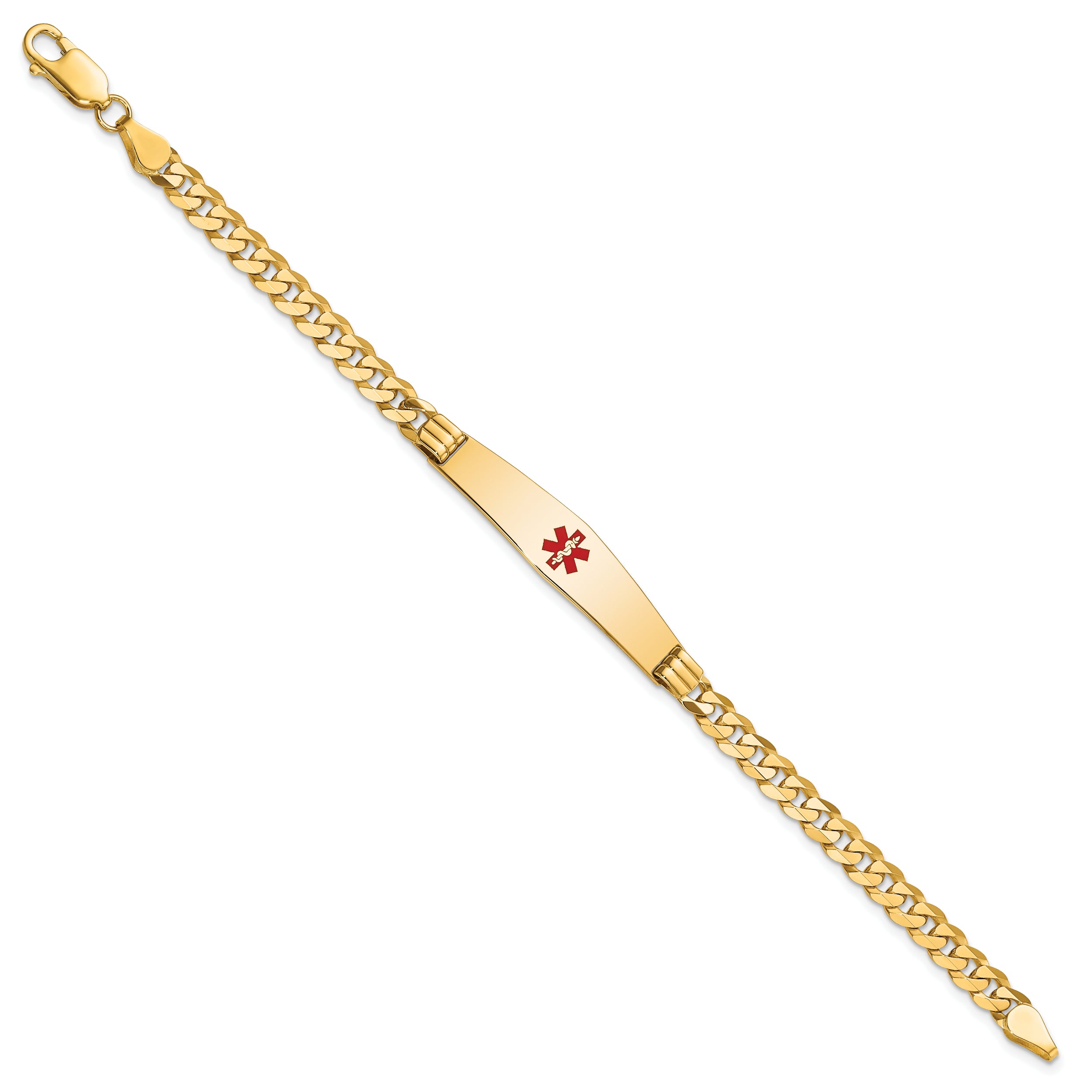 14K Medical Solid Chain/Solid Plate Soft Diamond Shape 36x9mm Centered Red Enamel Curb Link 7 inch ID Bracelet
