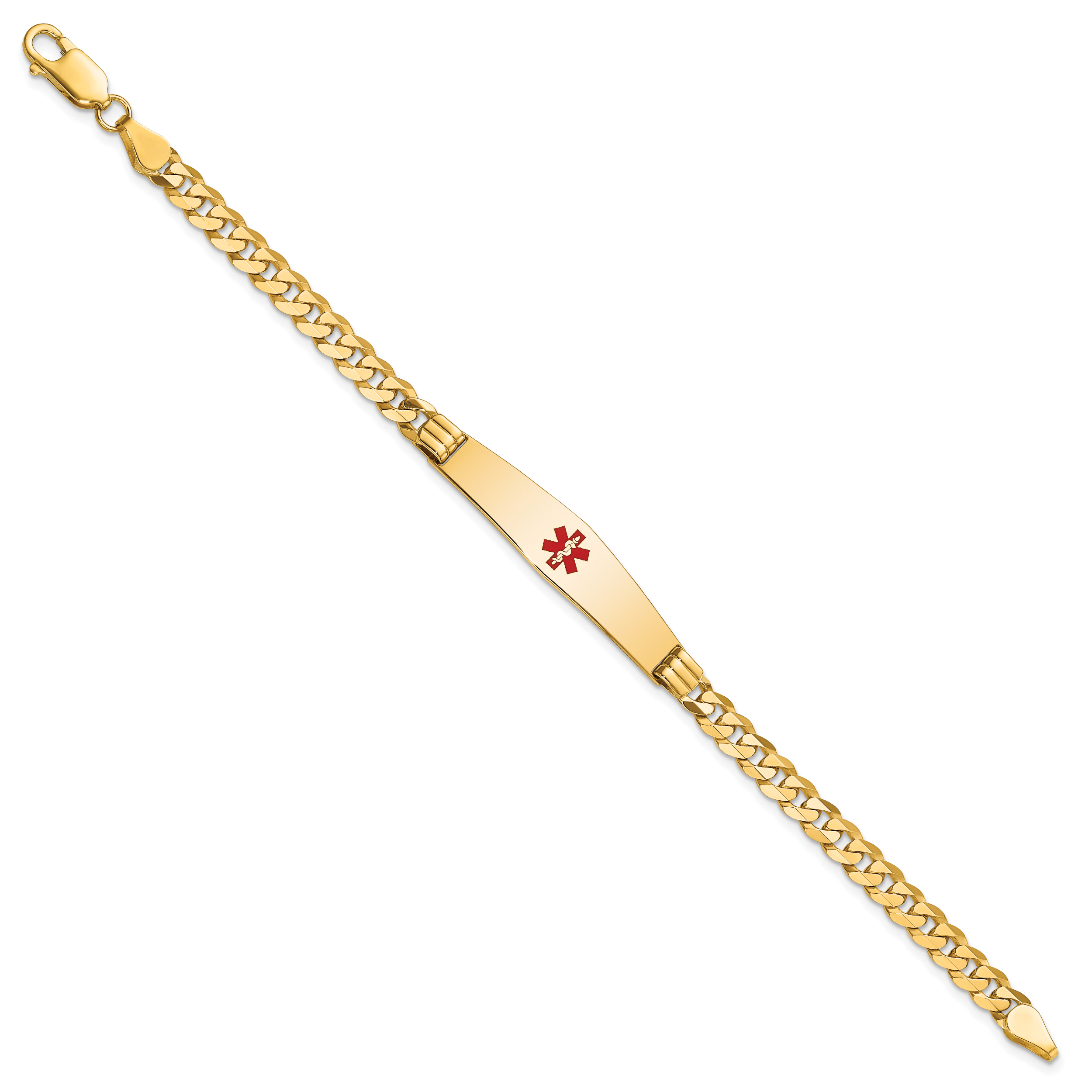 14K Medical Solid Chain/Solid Plate Soft Diamond Shape 36x9mm Centered Red Enamel Curb Link 8 inch ID Bracelet