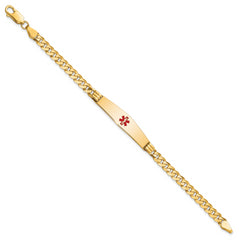 14K Medical Solid Chain/Solid Plate Soft Diamond Shape 36x9mm Centered Red Enamel Curb Link 7 inch ID Bracelet