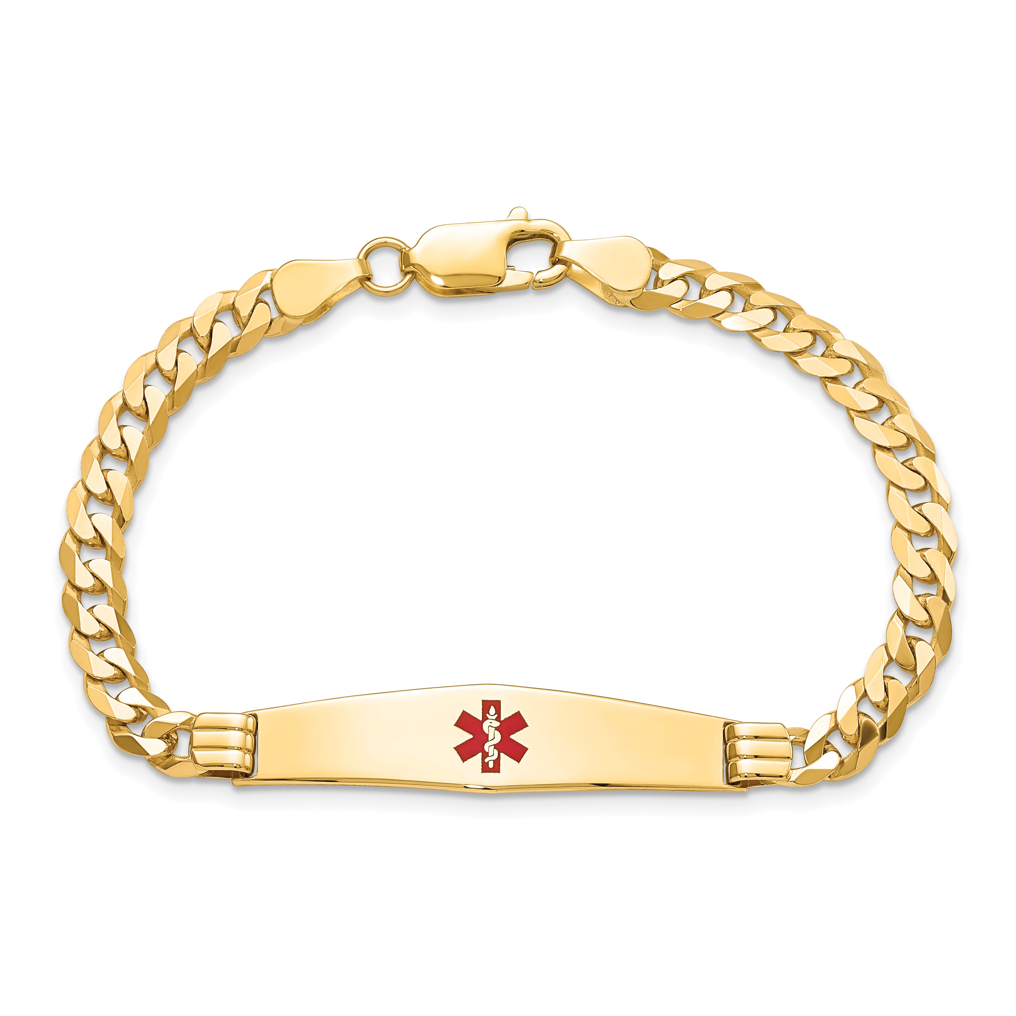 14K Medical Solid Chain/Solid Plate Soft Diamond Shape 36x9mm Centered Red Enamel Curb Link 7 inch ID Bracelet