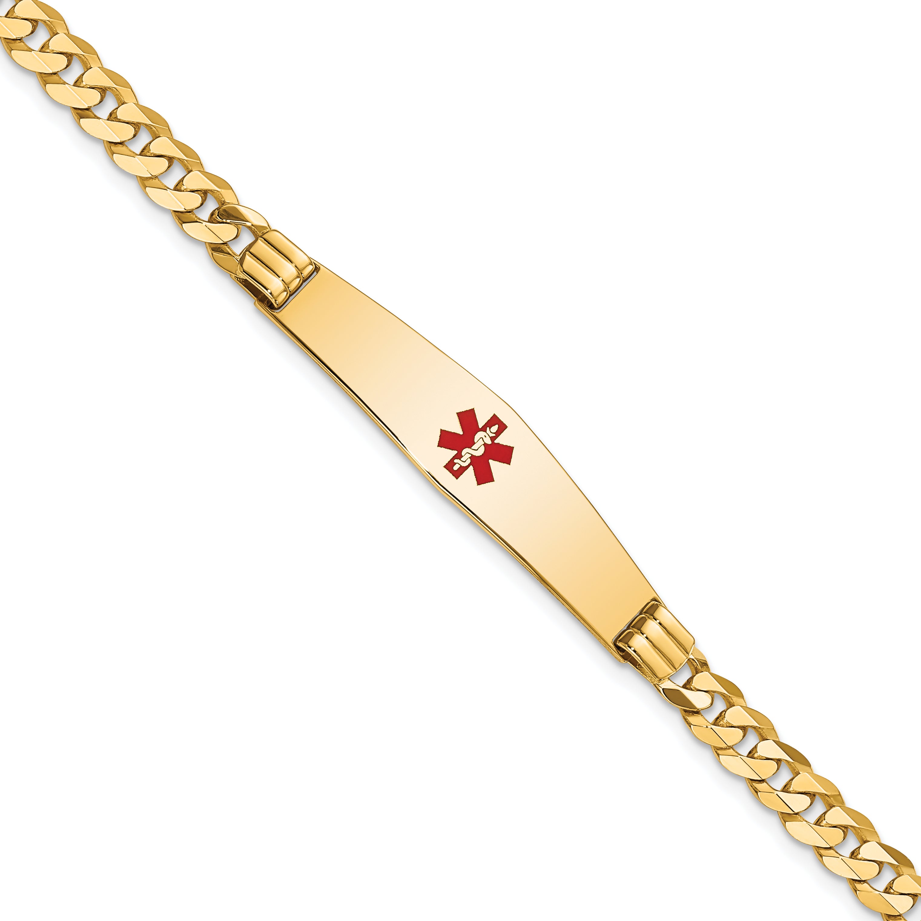14K Medical Solid Chain/Solid Plate Soft Diamond Shape 36x9mm Centered Red Enamel Curb Link 7 inch ID Bracelet