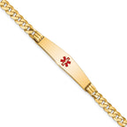 14K Medical Solid Chain/Solid Plate Soft Diamond Shape 36x9mm Centered Red Enamel Curb Link 8 inch ID Bracelet