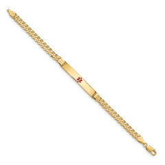 14K Medical Solid Chain/Solid Plate 37x6mm Centered Red Enamel Curb Link 7 inch ID Bracelet