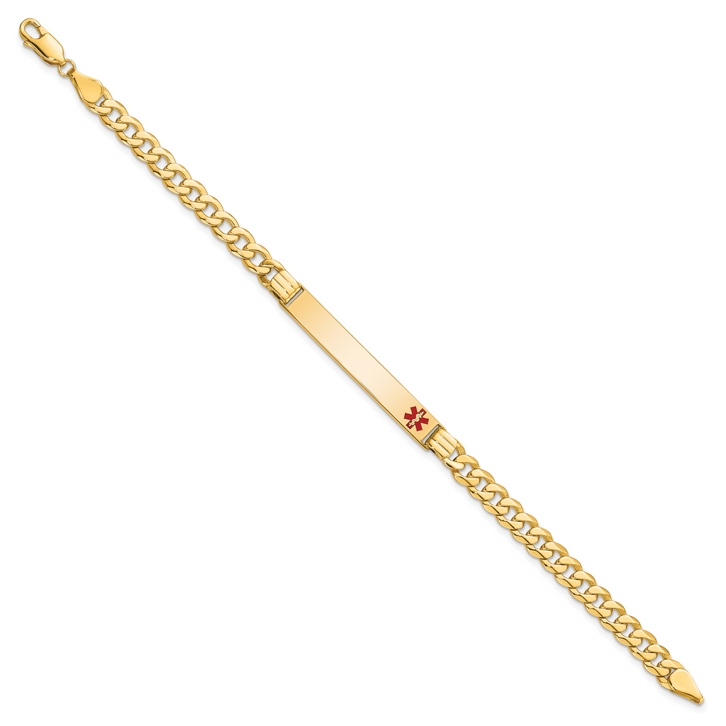 14K Medical Solid Chain/Solid Plate 37x6mm Off-Center Red Enamel Curb Link 7 inch ID Bracelet