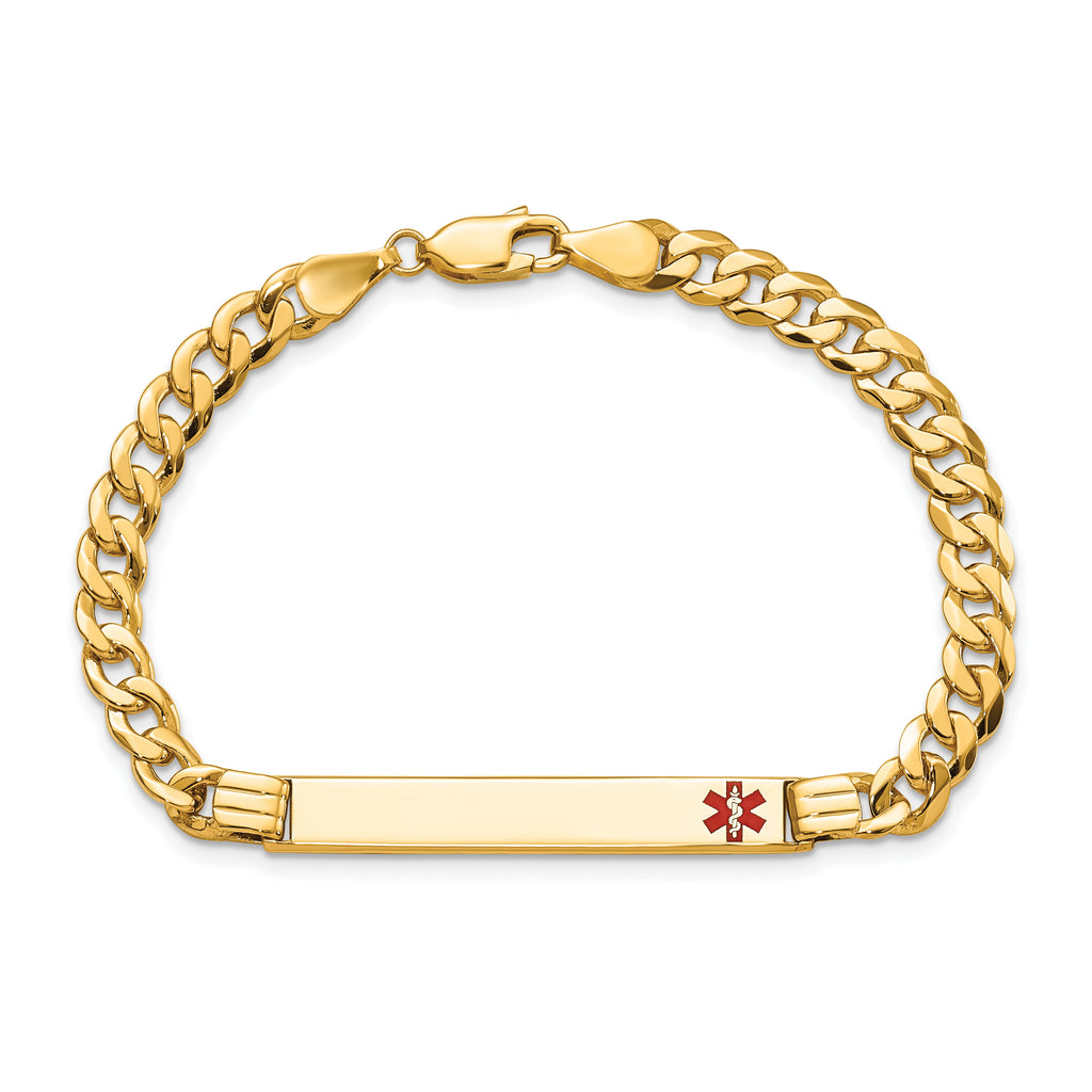 14K Medical Solid Chain/Solid Plate 37x6mm Off-Center Red Enamel Curb Link 8 inch ID Bracelet