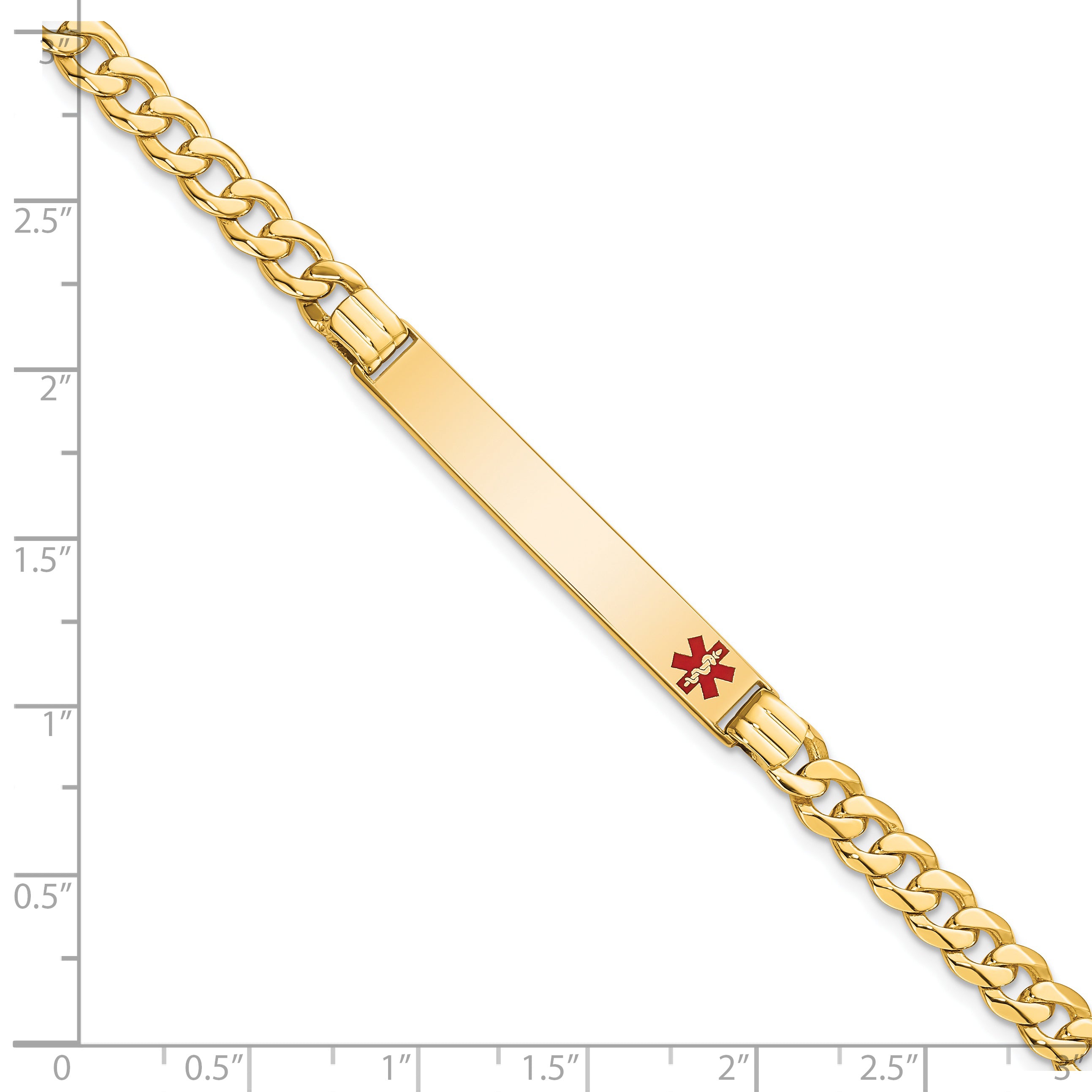 14K Medical Solid Chain/Solid Plate 37x6mm Off-Center Red Enamel Curb Link 7 inch ID Bracelet