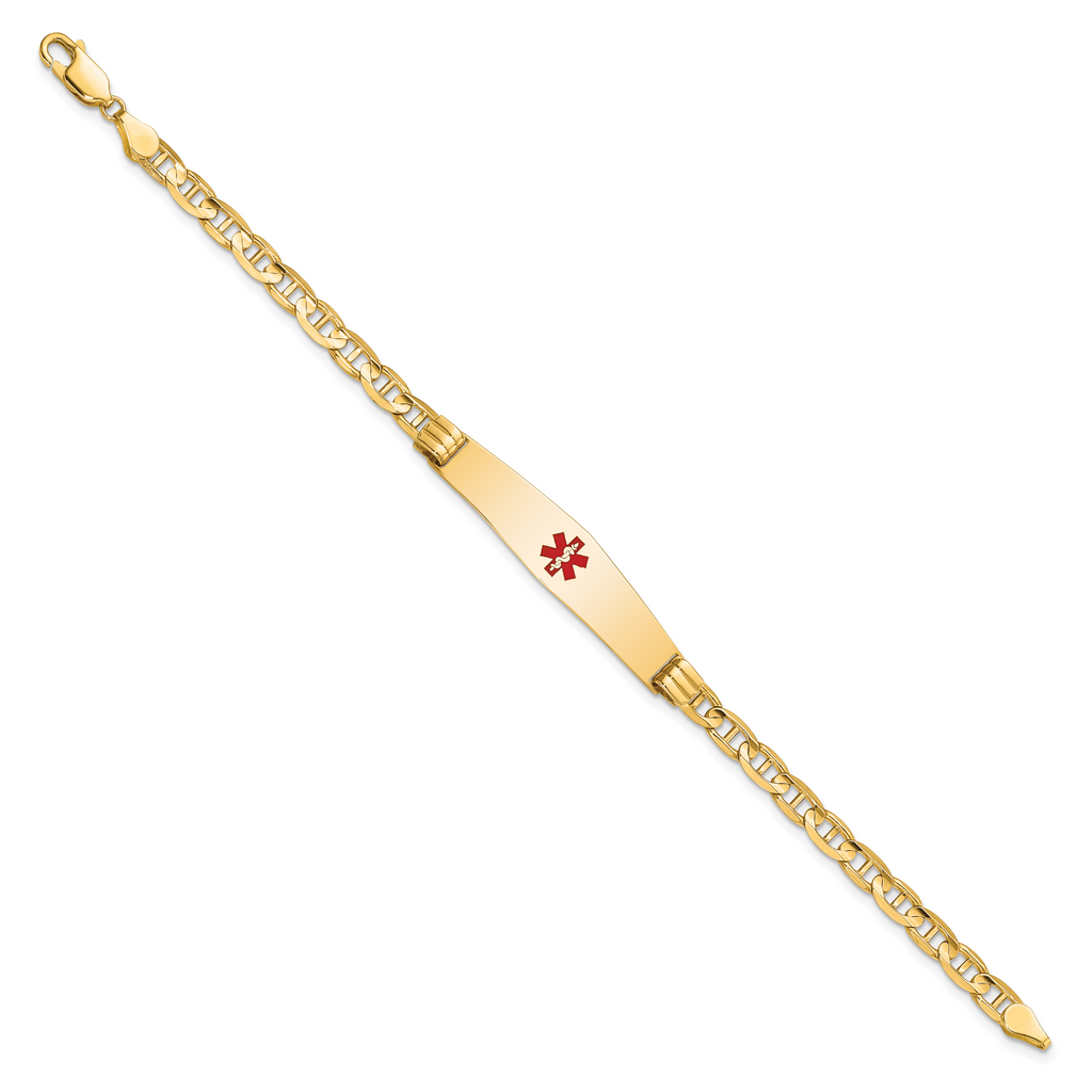 14K Medical Solid Chain/Solid Plate Soft Diamond Shape 36x9mm Centered Red Enamel Anchor Link 7 inch ID Bracelet