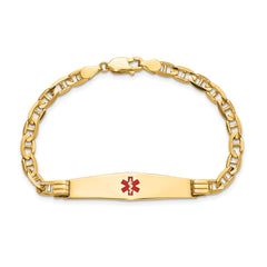 14K Medical Solid Chain/Solid Plate Soft Diamond Shape 36x9mm Centered Red Enamel Anchor Link 7 inch ID Bracelet